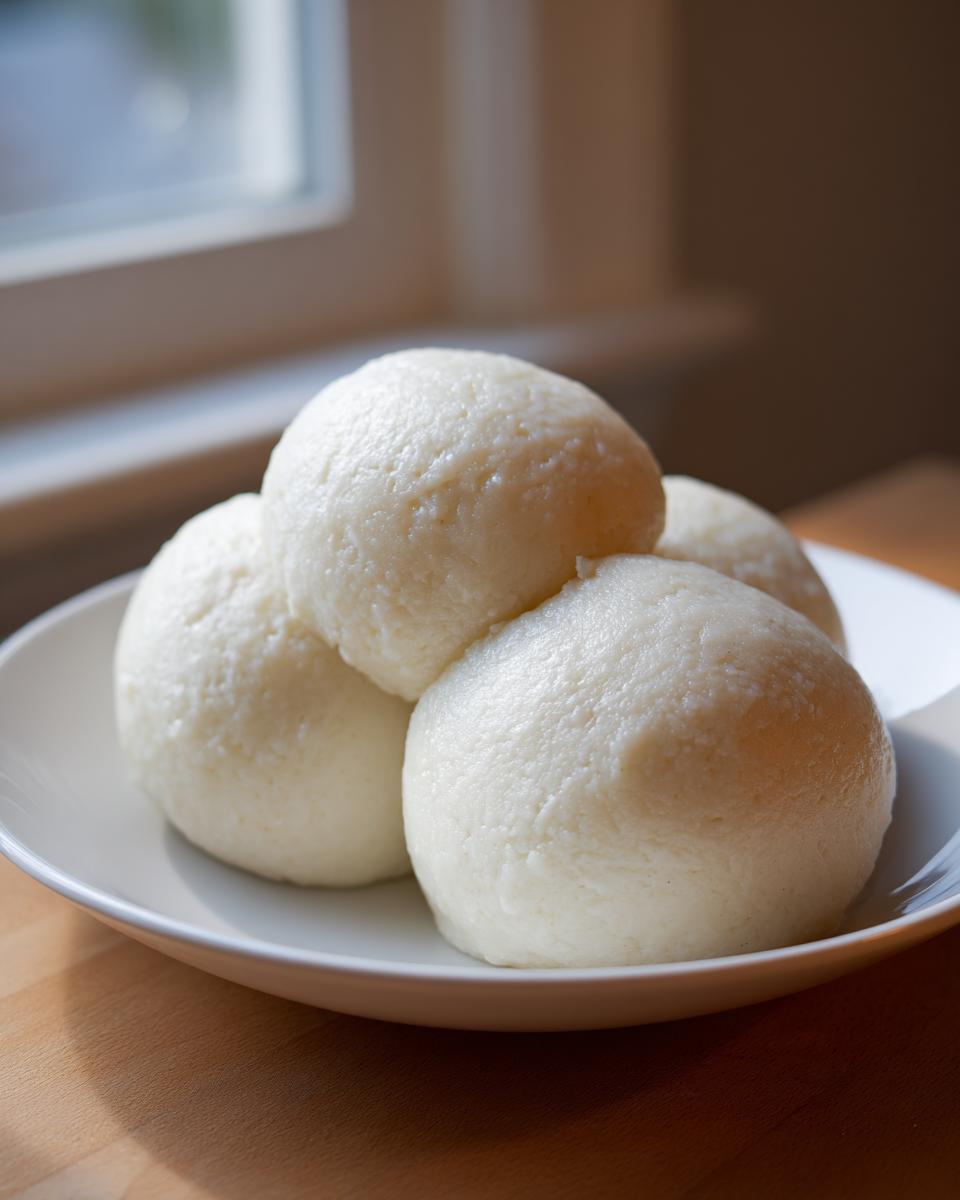 Four smooth, white mounds of freshly made fufu dough served on a white plate.