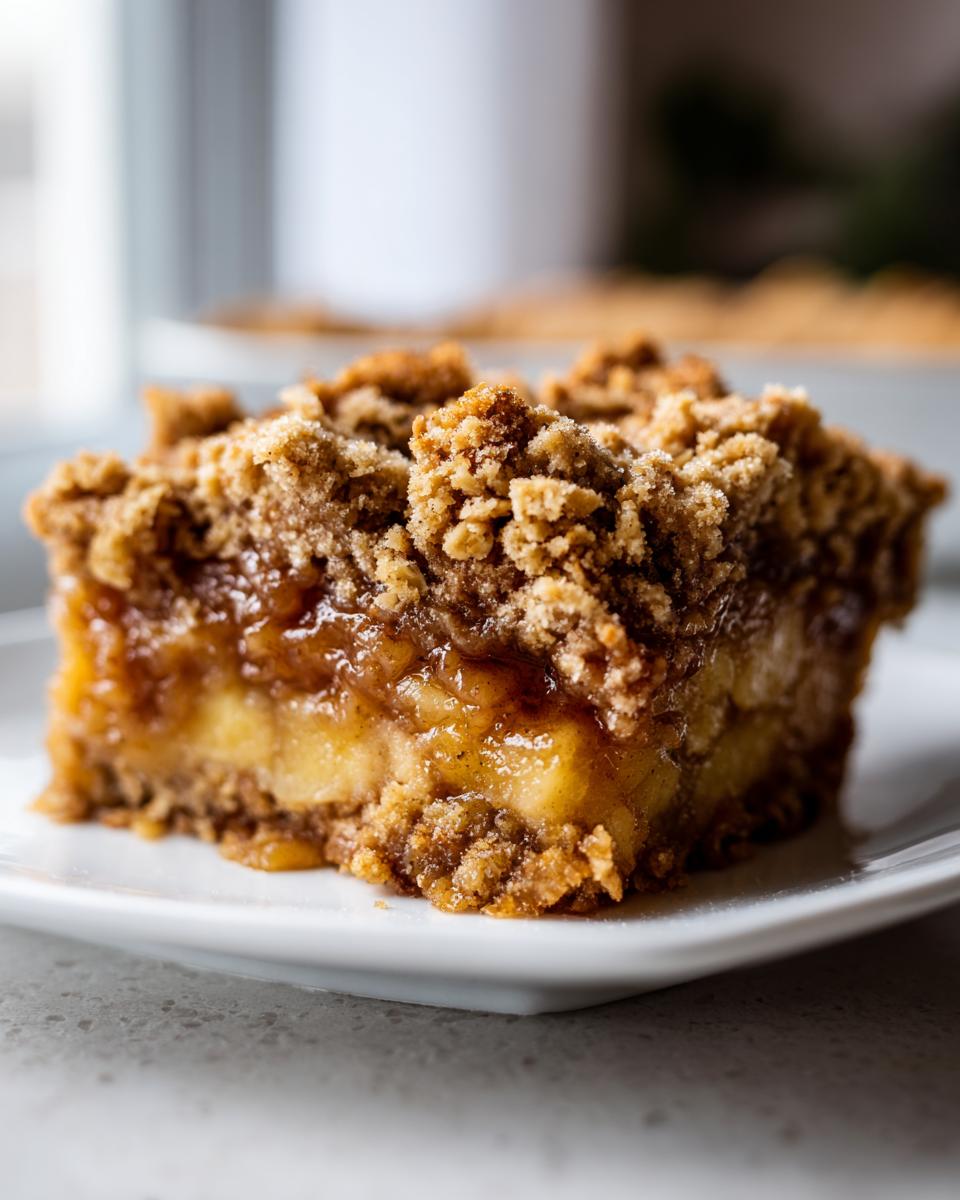 A close-up, mouthwatering slice of apple crumble bar showing layers of soft apples and crunchy topping.