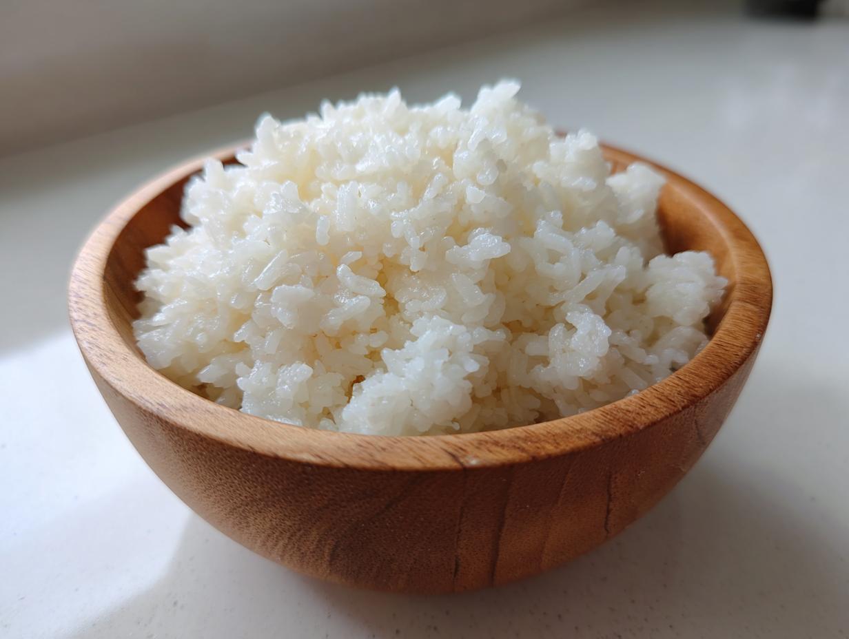 Close-up of perfectly cooked, glistening sushi rice mounded in a small, light brown wooden bowl.