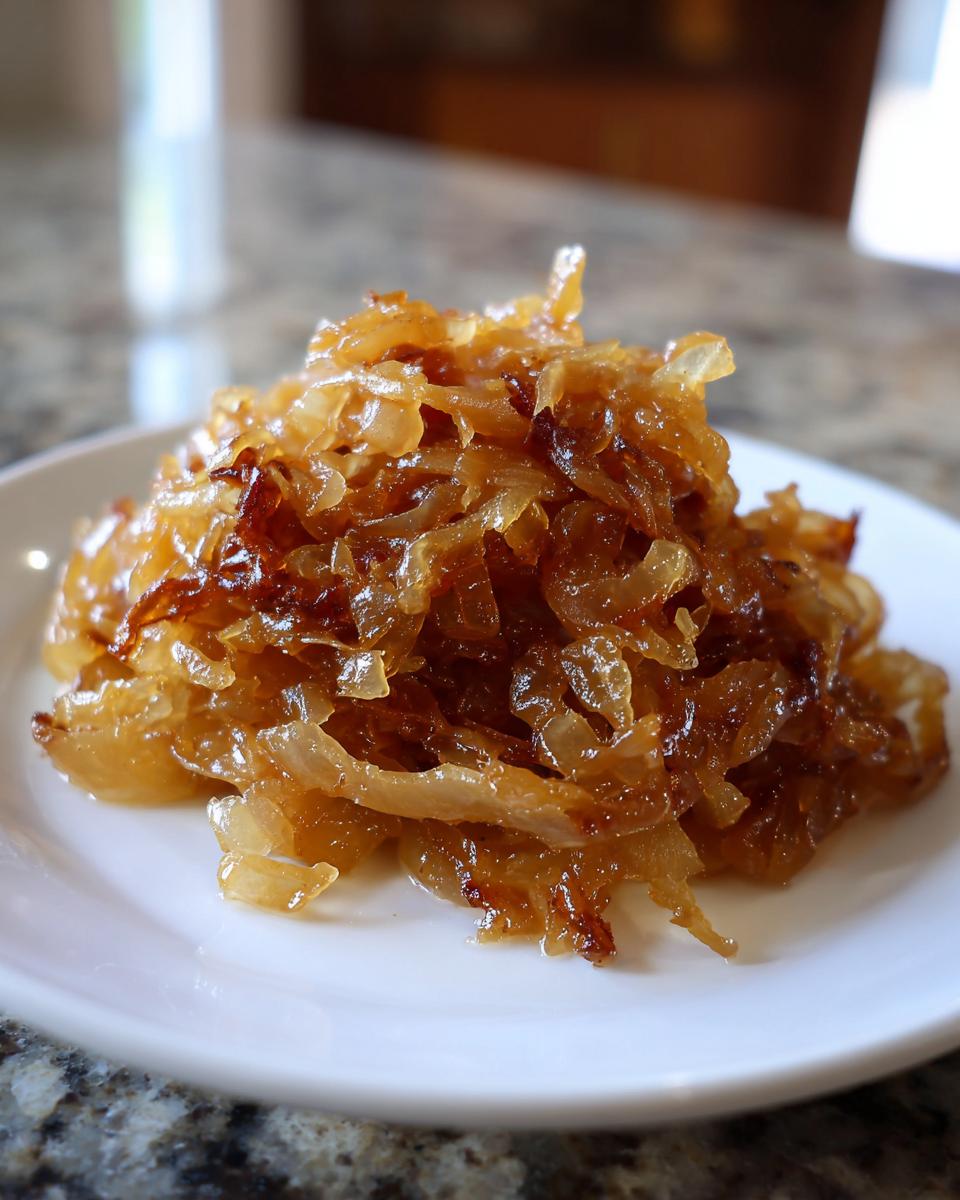 A close-up of a mound of deeply golden, glossy caramelized onions served on a small white plate.