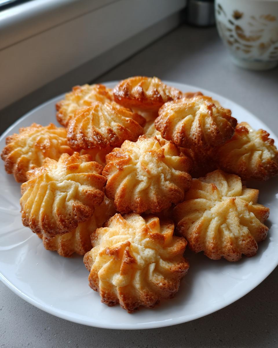 A plate piled high with freshly baked, golden brown piped butter cookies, showing their star shape.