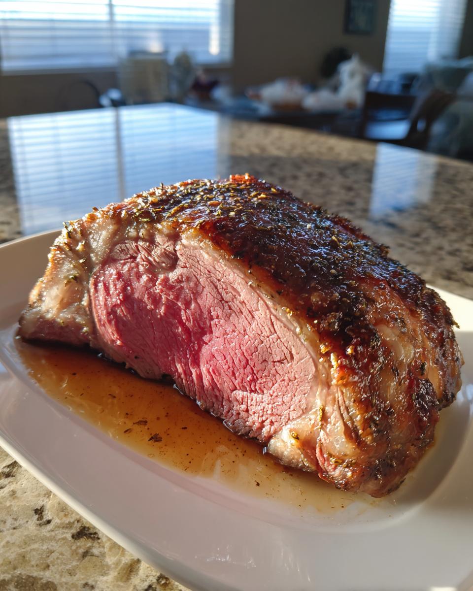 A cross-section of a beautifully cooked prime rib roast oven preparation, showing a medium-rare pink center and seasoned crust.