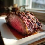 A thick, medium-rare prime rib roast oven cut with a dark, seasoned crust resting on a white platter with juices.