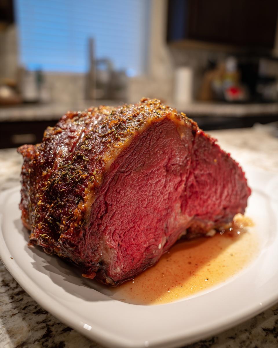 A beautifully cooked prime rib roast oven cut, showing a deep red, medium-rare interior and a seasoned, browned crust.