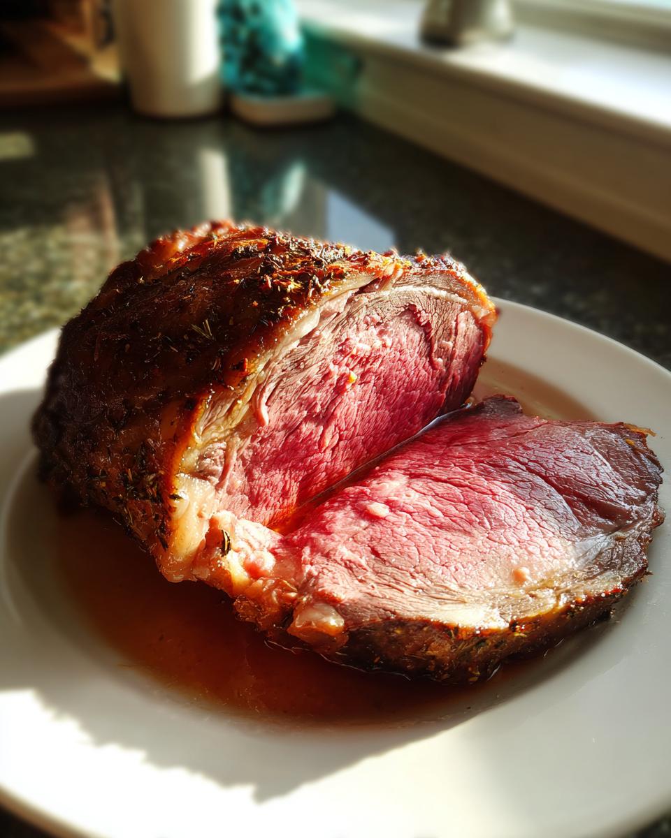 Close-up of a medium-rare prime rib roast oven cut, showing a seasoned crust and juicy pink center resting in au jus.