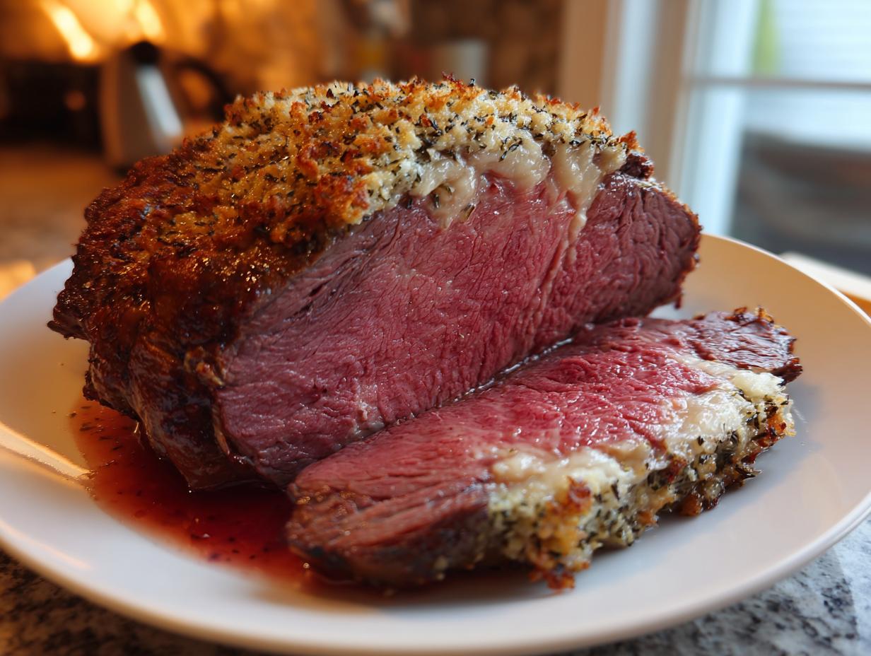 A thick slice of medium-rare prime rib roast oven with a golden herb crust, resting in its juices.