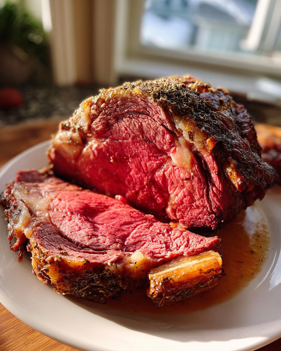 A close-up of a perfectly cooked prime rib roast oven, sliced to show a medium-rare center and herb crust.
