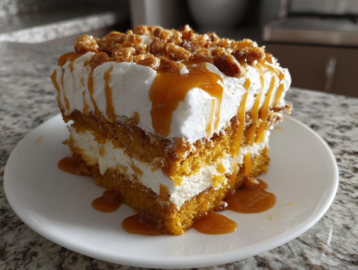 A decadent slice of pumpkin poke cake layered with cream, topped with whipped cream, caramel drizzle, and pecans.