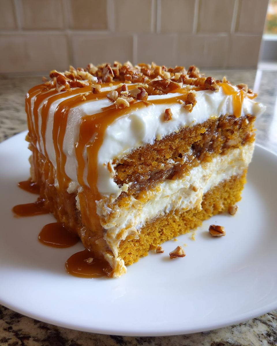 A moist slice of pumpkin poke cake layered with cream cheese frosting, drizzled with caramel, and topped with chopped pecans.