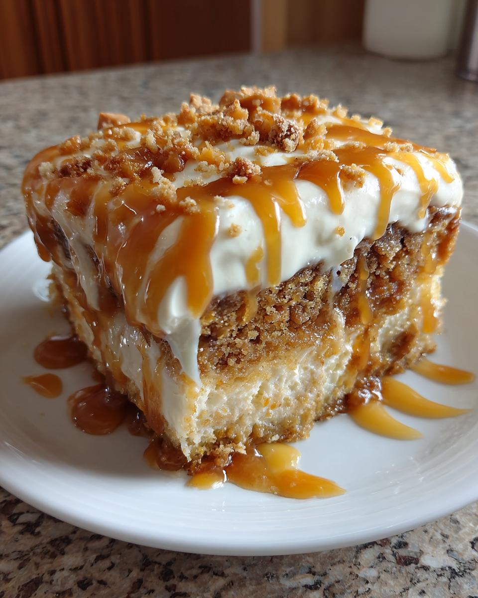 A decadent slice of pumpkin poke cake topped with cream cheese frosting, caramel sauce, and crumble.