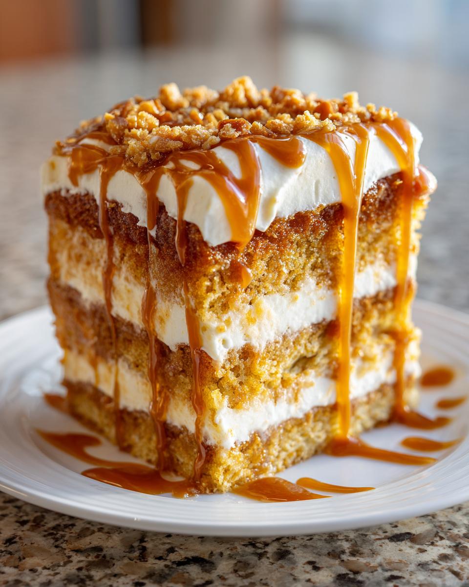 A tall, layered slice of pumpkin poke cake filled with cream and drizzled heavily with caramel sauce.