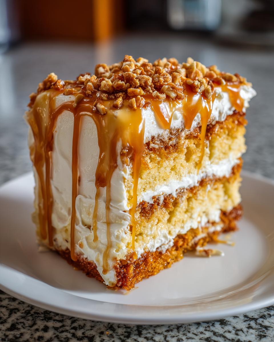 A tall slice of pumpkin poke cake layered with cream, drizzled heavily with caramel sauce, and topped with chopped nuts.