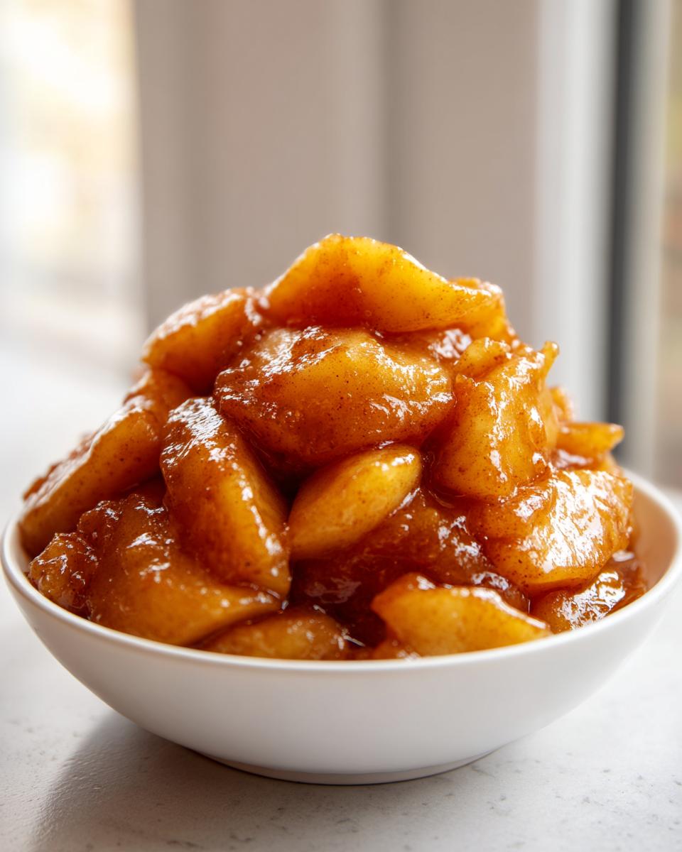 A white bowl filled high with glistening, cinnamon-spiced apple pie filling recipe slices.