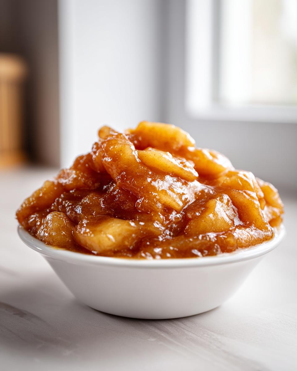 Close-up of a white bowl heaped with glossy, spiced apple pie filling recipe.