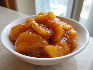 Close-up of chunky, spiced apple pie filling recipe served in a small white bowl.