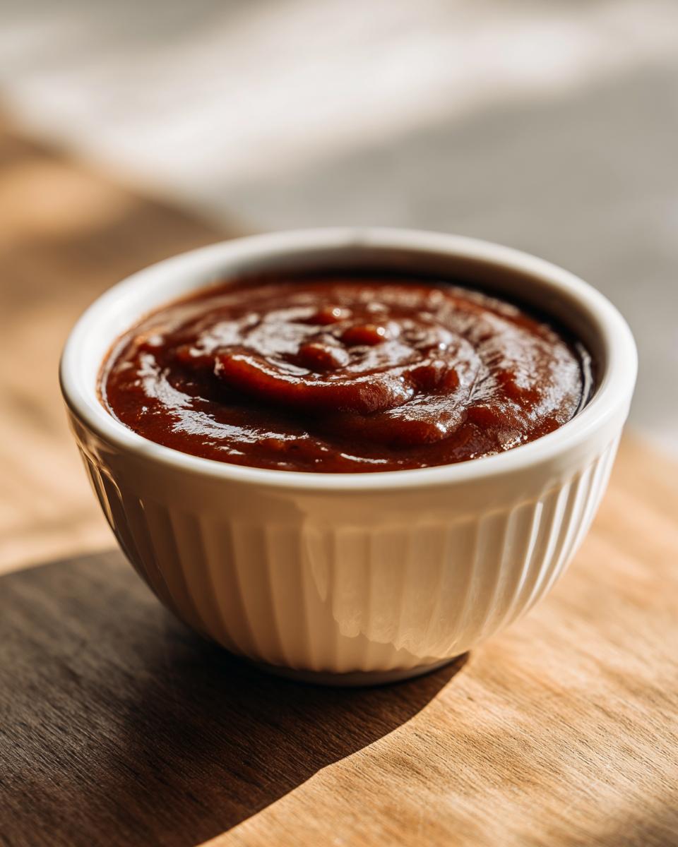 Close-up of thick, rich, dark brown homemade bbq sauce served in a small white fluted ramekin.