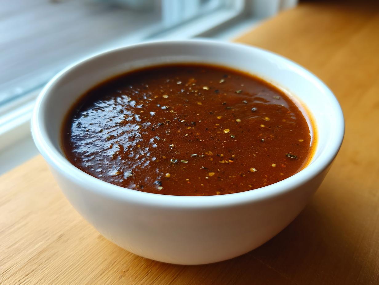 Close-up of rich, reddish-brown black bean soup seasoned with pepper flakes in a white bowl.