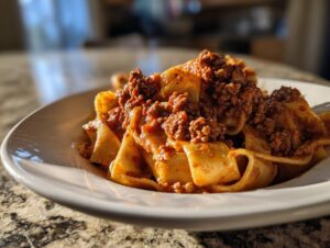 Close-up of wide pappardelle pasta generously topped with rich, slow-cooked bolognese sauce.