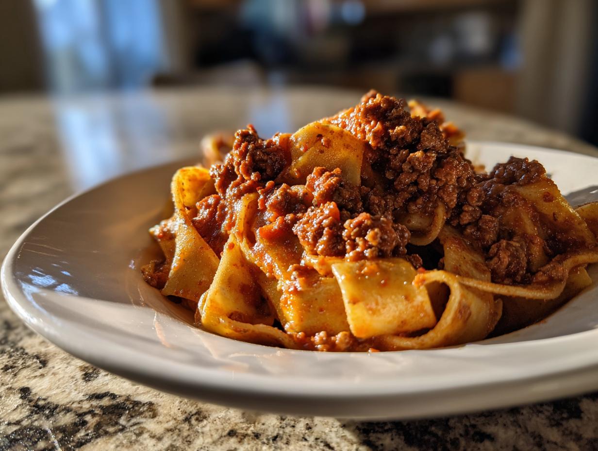 Close-up of wide pappardelle pasta generously topped with rich, slow-cooked bolognese sauce.