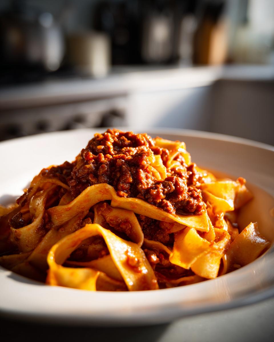 Close-up of rich, slow-cooked bolognese sauce generously spooned over wide pappardelle pasta in a white bowl.