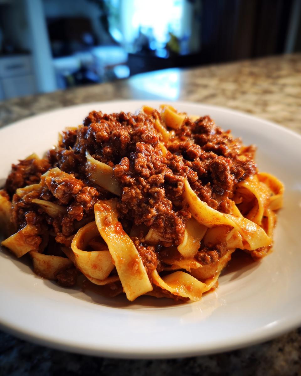A close-up of thick pappardelle pasta generously topped with rich, slow-cooked bolognese sauce on a white plate.
