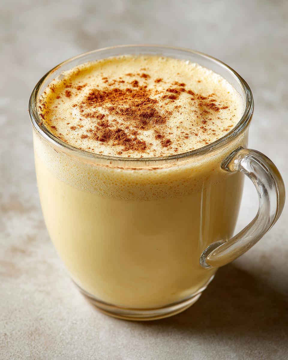Close-up of rich homemade eggnog in a clear glass mug, topped with foamy froth and a sprinkle of cinnamon.