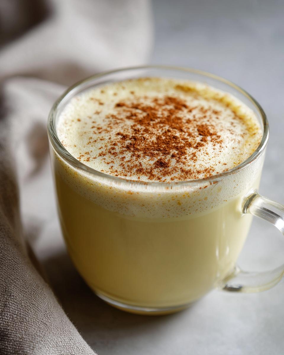 Close-up of creamy homemade eggnog in a clear glass mug, topped with frothy foam and a dusting of cinnamon.