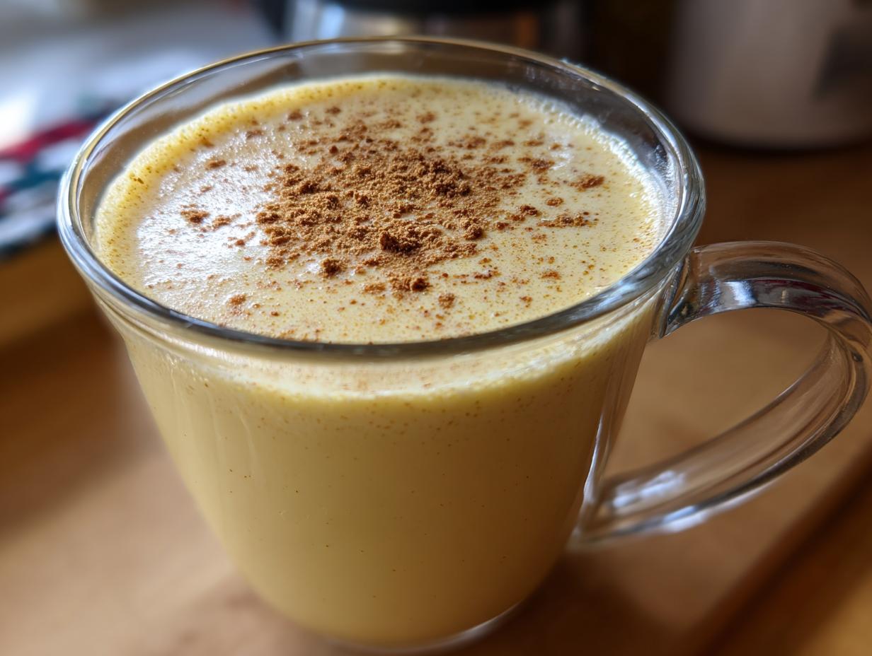 Close-up of a glass mug filled with creamy homemade eggnog, topped with a dusting of cinnamon.
