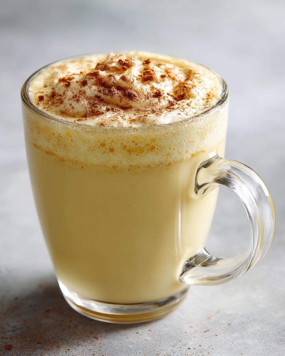 A glass mug filled with rich, creamy homemade eggnog, topped with whipped cream and sprinkled with cinnamon.