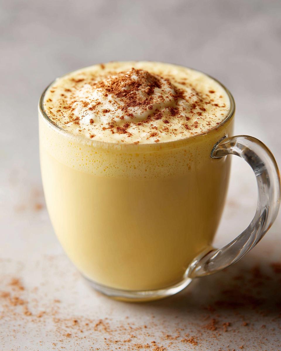 Close-up of a glass mug filled with rich, yellow homemade eggnog, topped with whipped cream and sprinkled with nutmeg.