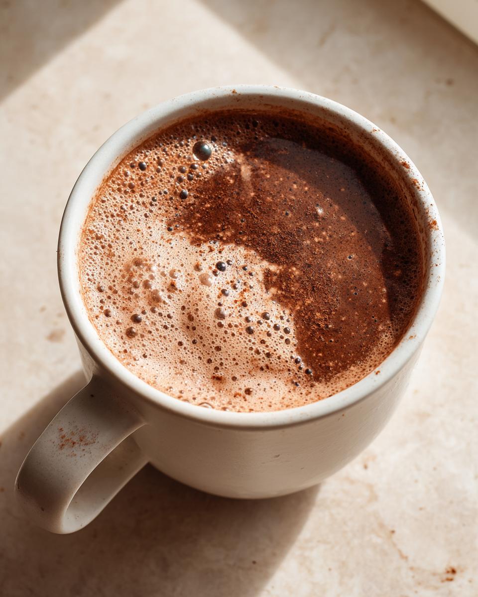 Overhead close-up of a white mug filled with rich mexican hot chocolate showing a foamy, dark brown top.