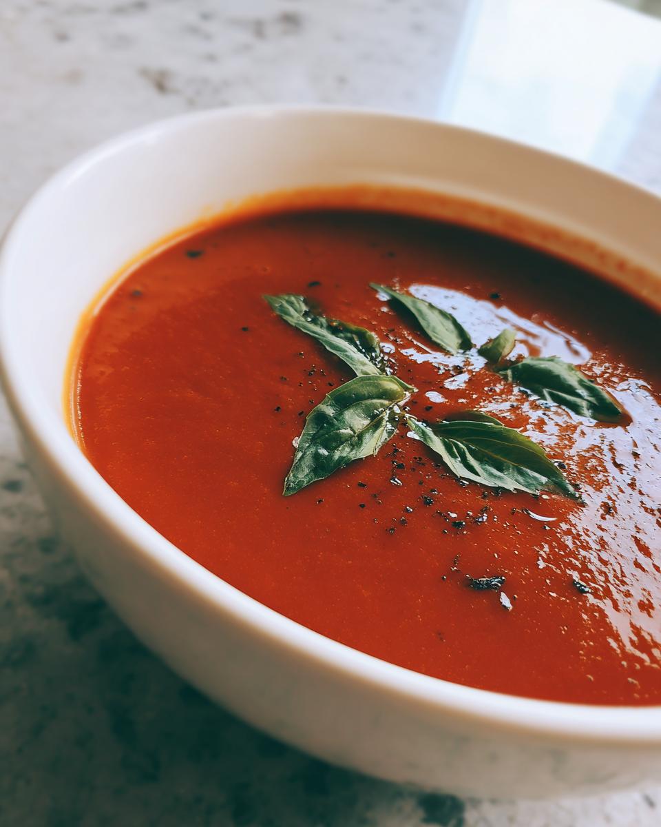 Close-up of a vibrant bowl of roasted tomato soup topped with fresh basil leaves and cracked black pepper.