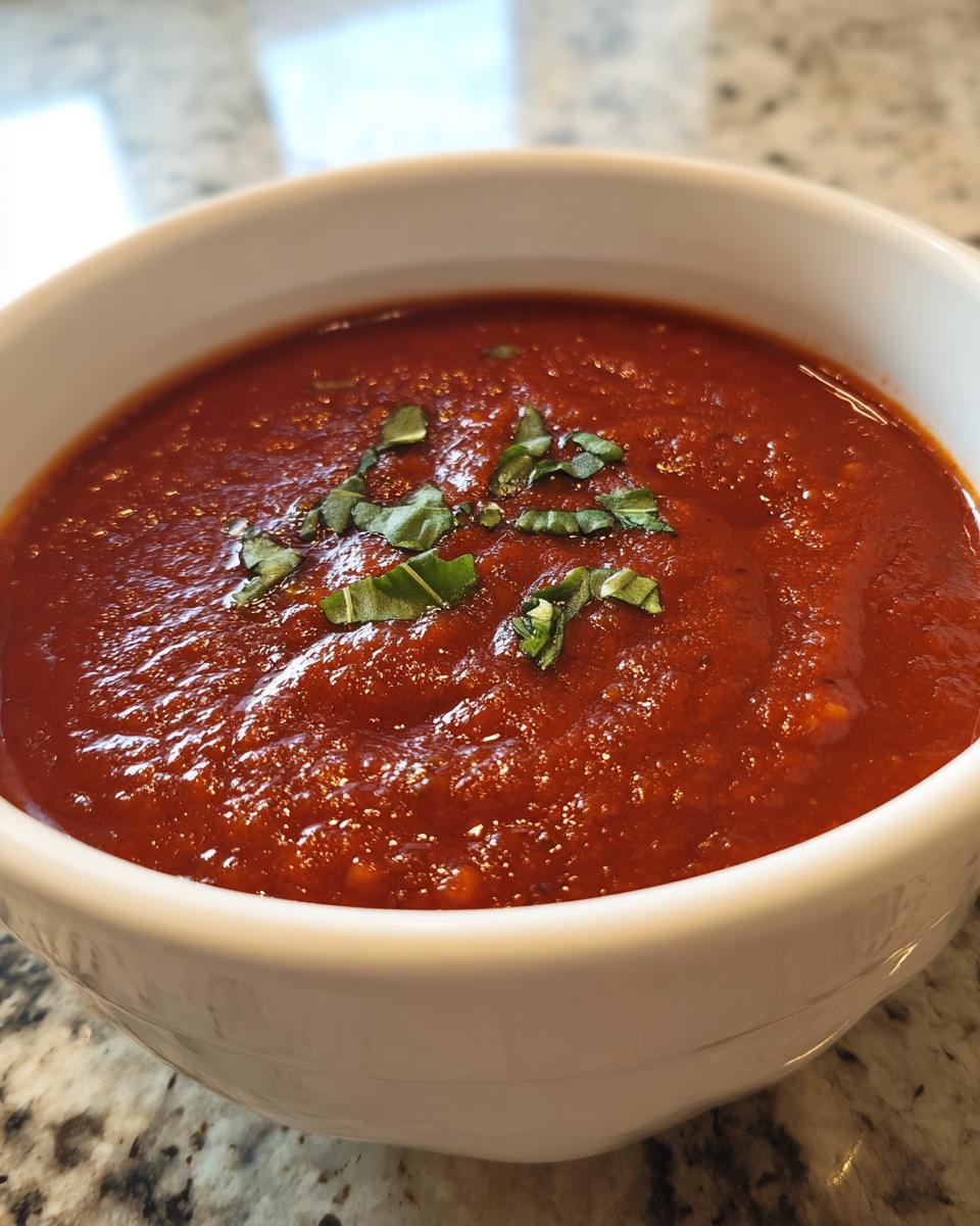 Close-up of a white bowl filled with rich, thick roasted tomato soup, garnished with fresh basil.