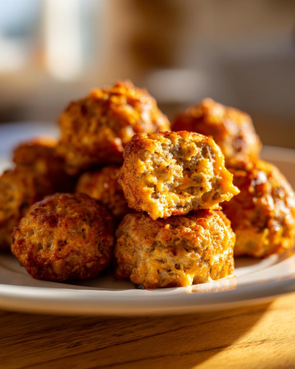 A close-up of golden brown rotel cream cheese sausage balls piled on a white plate, one is broken open showing the interior.