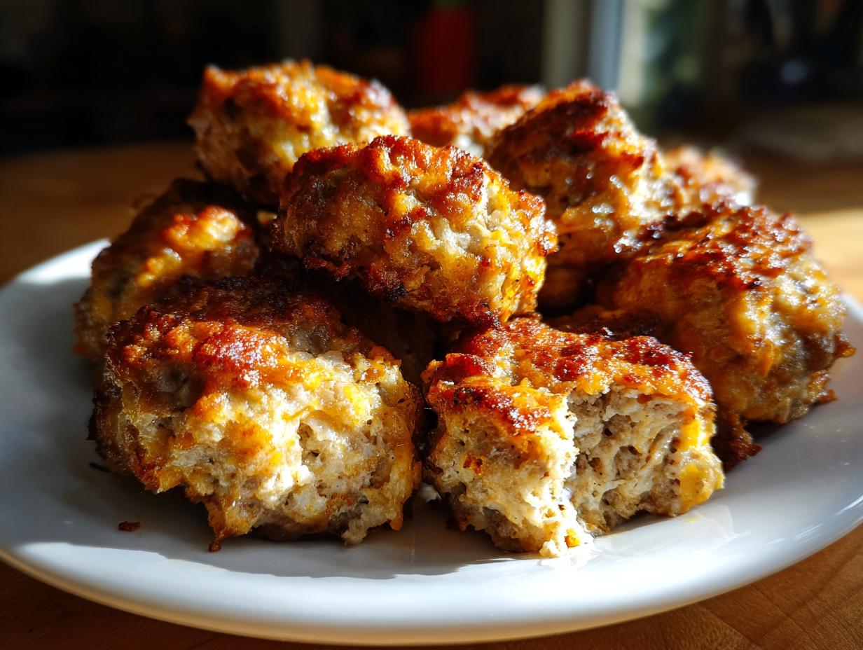 A pile of freshly baked rotel cream cheese sausage balls, golden brown and slightly crispy, with one ball broken open to show the creamy interior.