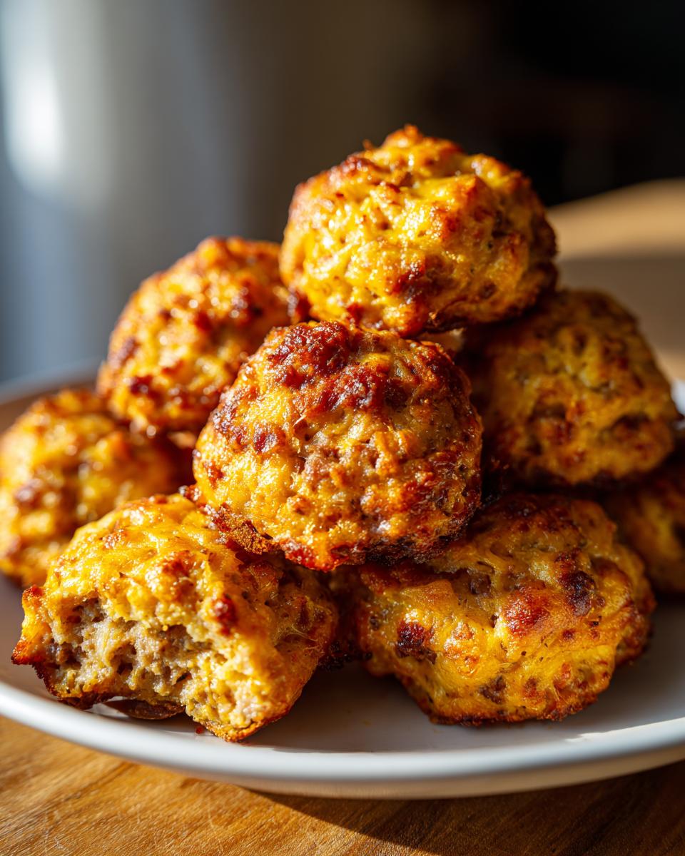 A close-up stack of golden brown rotel cream cheese sausage balls on a white plate, one is bitten into.