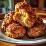 A close-up stack of golden brown rotel cream cheese sausage balls, with one ball broken open showing the moist interior.