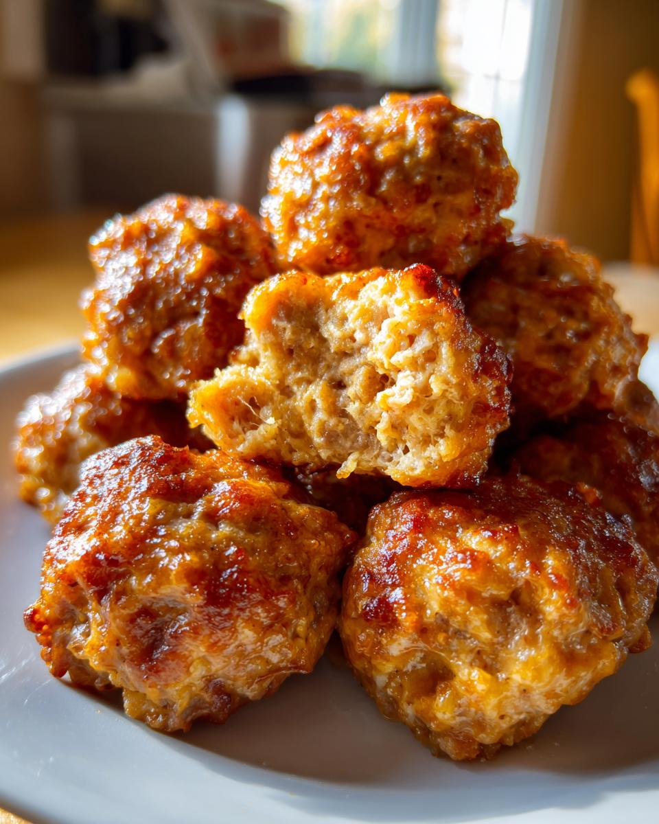 Close-up of a stack of golden brown rotel cream cheese sausage balls, one broken open showing the interior texture.
