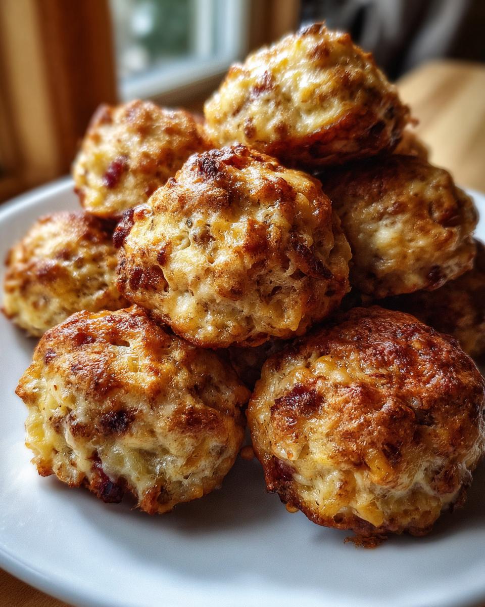 A stack of golden brown rotel cream cheese sausage balls piled high on a white plate.