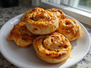 A stack of five golden brown, cheesy sausage pinwheels served on a white plate near a window.