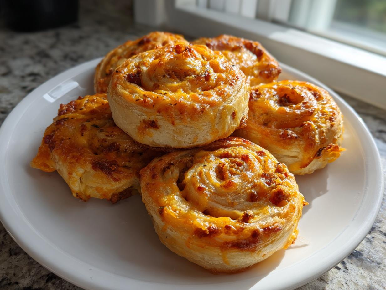 A stack of five golden brown, cheesy sausage pinwheels served on a white plate near a window.