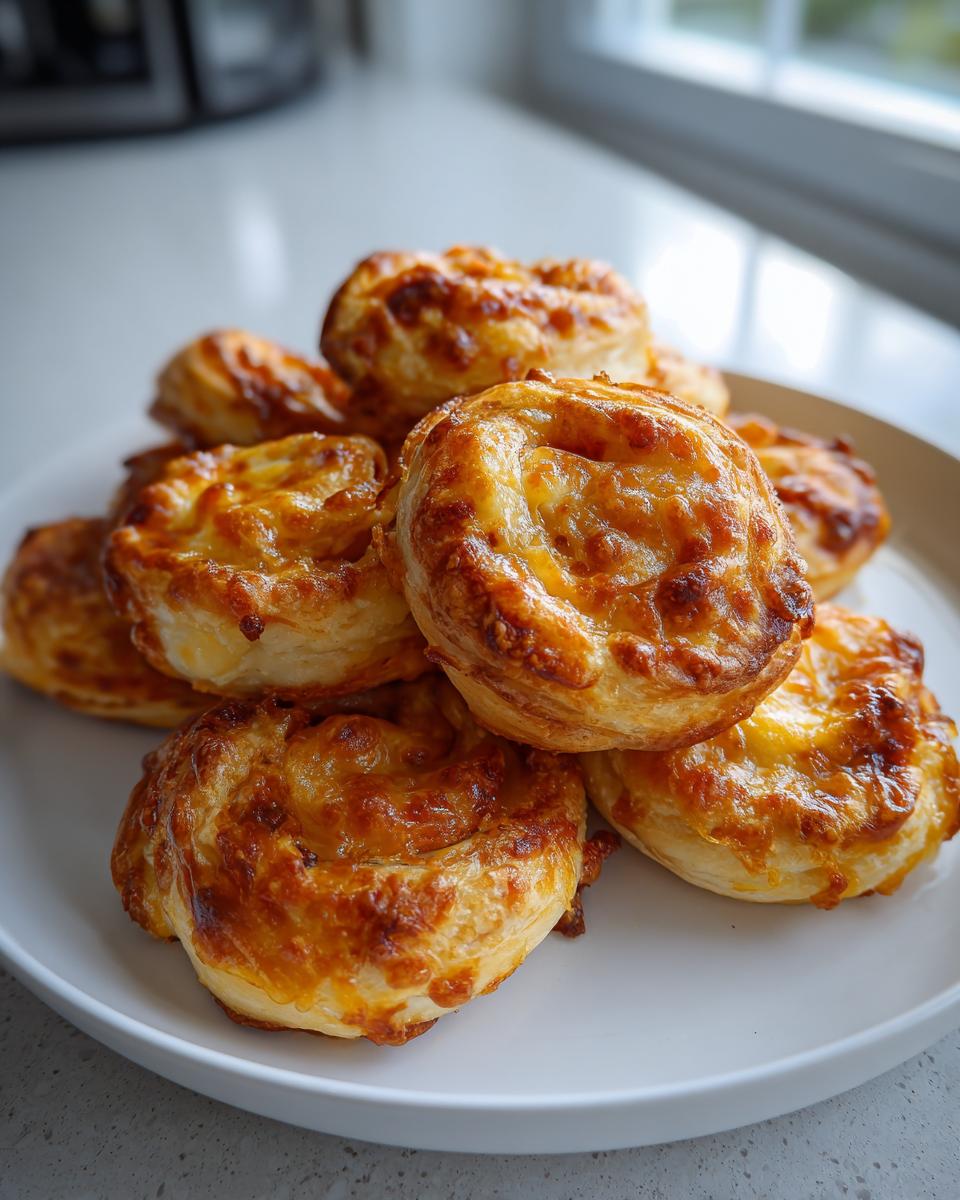 A stack of golden brown, cheesy sausage pinwheels on a white plate, fresh from the oven.