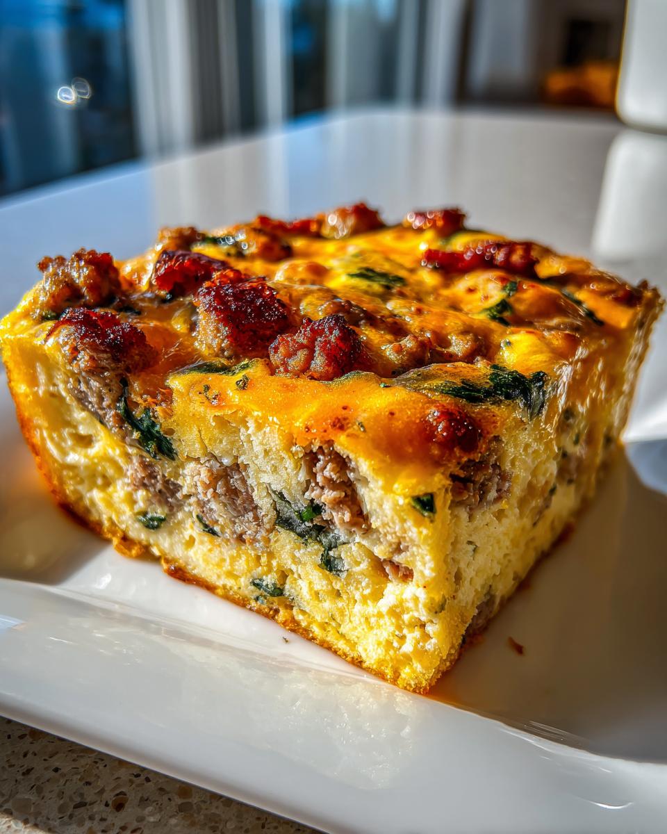 A close-up, golden-brown square slice of sausage and spinach egg bake on a white plate.