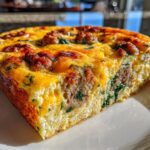 A close-up of a thick slice of sausage and spinach egg bake showing its fluffy texture and browned topping.