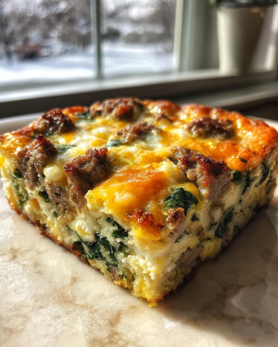 Close-up of a hearty slice of sausage and spinach egg bake with melted cheese topping.