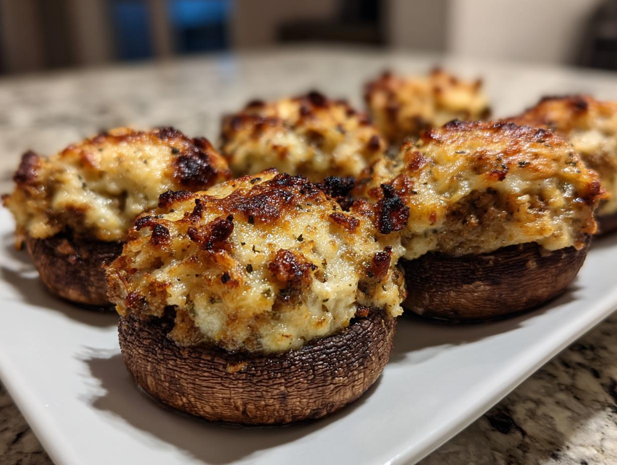 Close-up of several golden-brown, baked sausage stuffed mushrooms with a cheesy topping served on a white platter.
