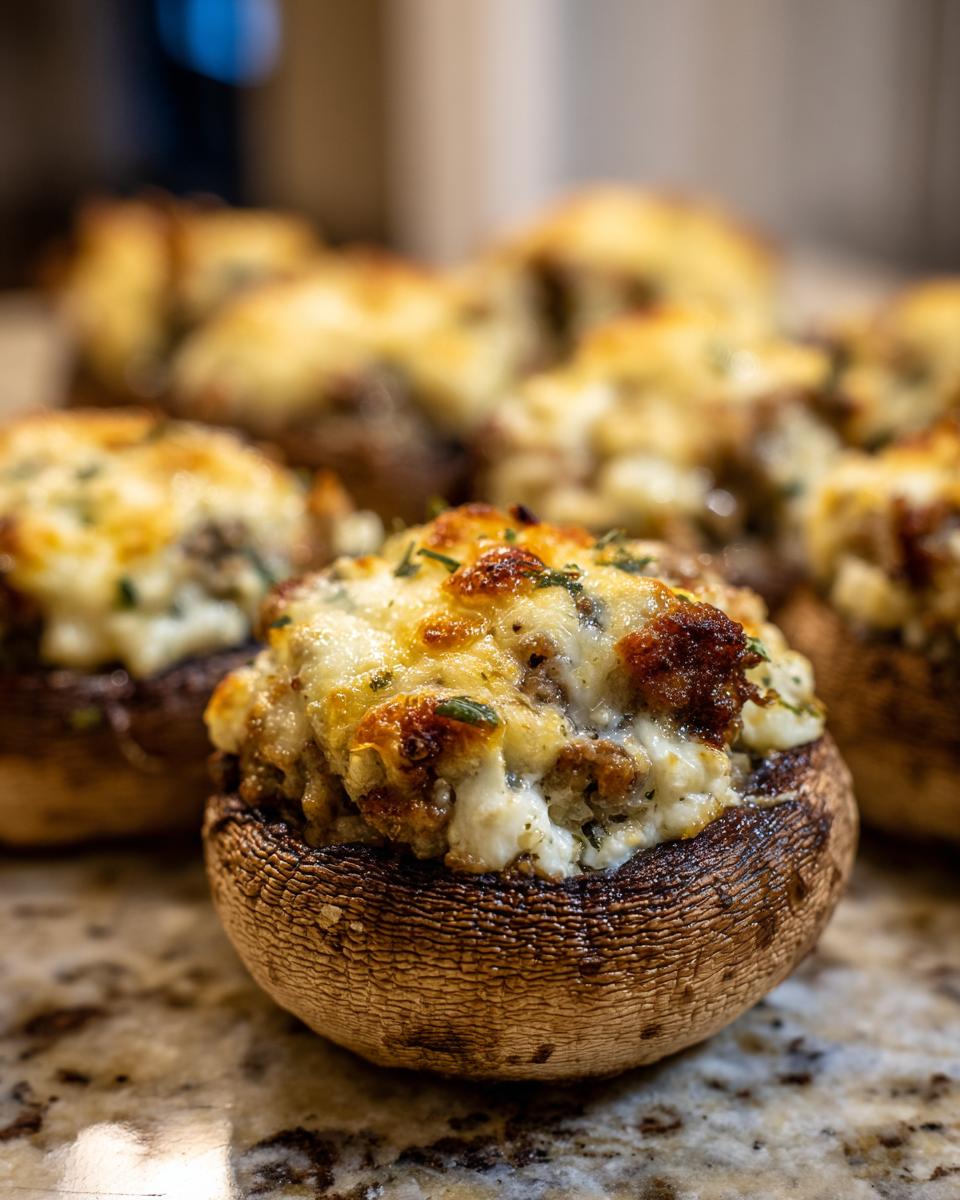 A close-up of one perfectly baked sausage stuffed mushrooms with a golden, melted cheese topping.