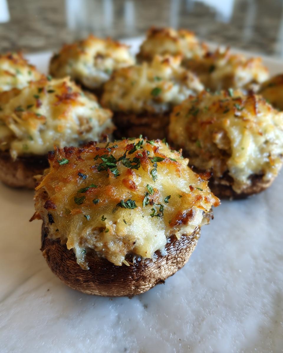 Close-up of baked sausage stuffed mushrooms topped with golden, melted cheese and fresh parsley.