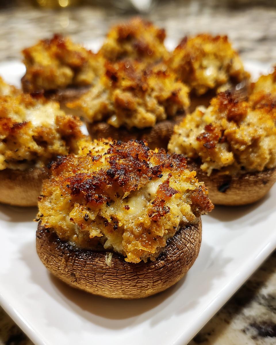 Close-up of perfectly baked sausage stuffed mushrooms with a golden, crispy topping served on a white rectangular plate.