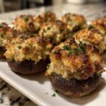 Close-up of several golden brown sausage stuffed mushrooms, topped with melted cheese and parsley, ready to serve.